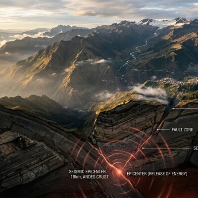 Corte transversal de los Andes colombianos que muestra el epicentro de un sismo a 18 km de profundidad en una zona de falla