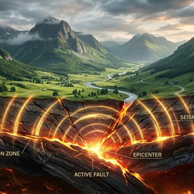 Diagrama de un sismo mostrando la corteza, zona de subducción, falla activa, epicentro, ondas sísmicas y el manto
