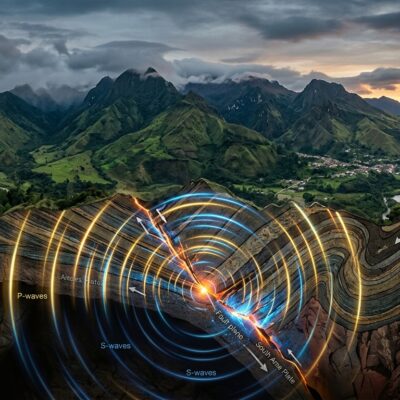 Diagrama que ilustra la propagación de ondas sísmicas P y S desde una falla geológica bajo la superficie