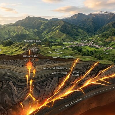 Esquema geológico de la zona de subducción bajo Salento, Colombia, que muestra fallas activas, placas y el arco magmático
