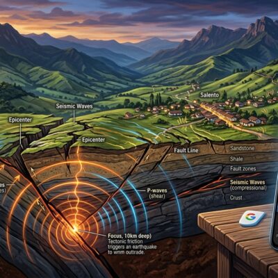 Ilustración de un sismo en el Sistema de Fallas Cauca-Romeral y un celular que muestra una alerta sísmica para Cali