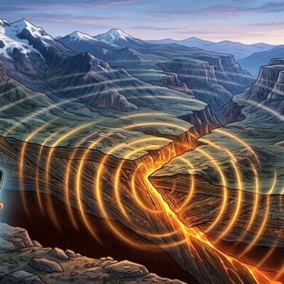 Ondas sísmicas propagándose desde una falla geológica hacia un celular que muestra una alerta de terremoto