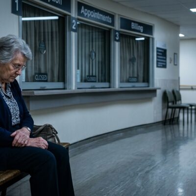 Una mujer mayor sentada sola y cabizbaja en la sala de espera vacía de un hospital