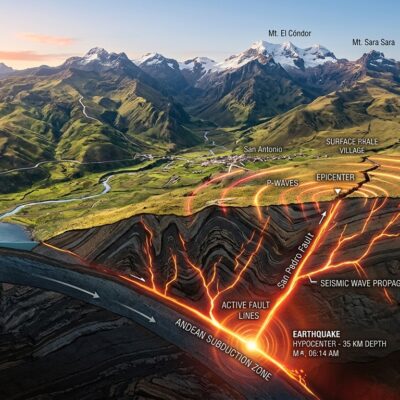 Diagrama de la zona de subducción andina que ilustra el hipocentro y epicentro de un sismo a través de fallas tectónicas