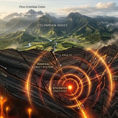 Diagrama geológico en corte transversal que ilustra la subducción tectónica, el sistema de fallas de Romeral y el epicentro de un sismo bajo los Andes colombianos