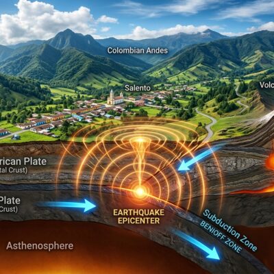 Diagrama que muestra la subducción de la placa de Nazca bajo la placa Sudamericana, generando sismos y vulcanismo en los Andes
