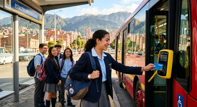 Estudiante valida su tarjeta tullave para ingresar a un bus de TransMilenio en la estación Universidades