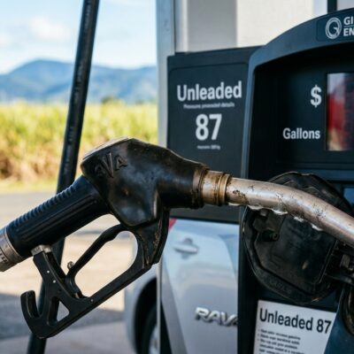 Surtidor de gasolina con un total de 46.84 dólares por 14.782 galones de gasolina sin plomo de 87 octanos